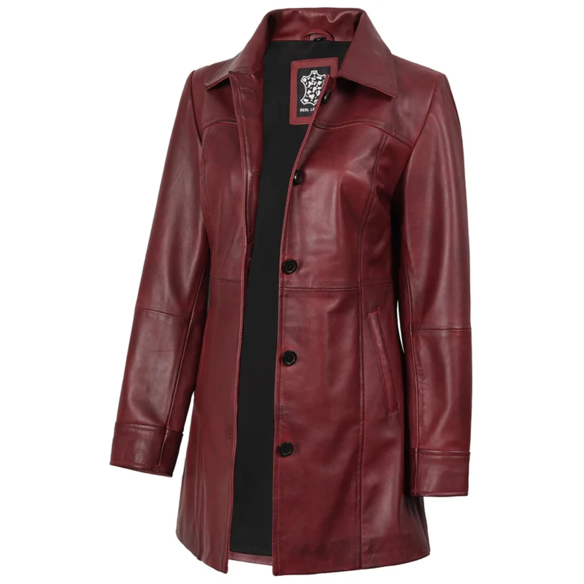Sowachi Kandis - Women's Maroon 3/4 Length Leather Car Coat