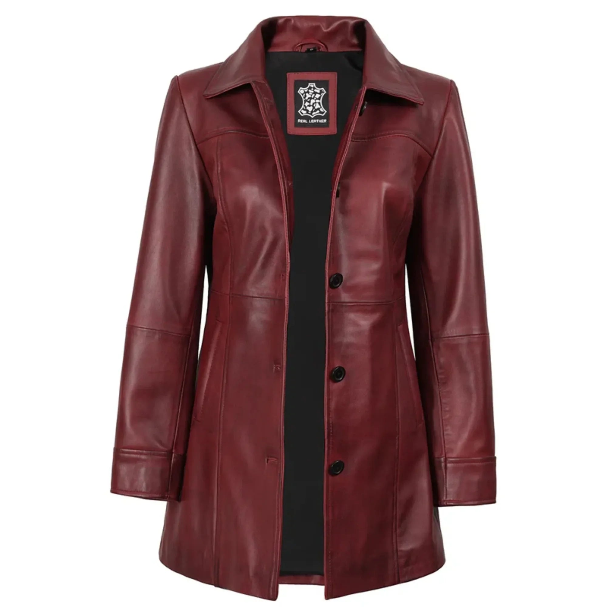 Sowachi Kandis - Women's Maroon 3/4 Length Leather Car Coat