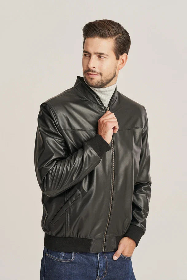 Sowachi Men's Slim Fit Black Leather Bomber Jacket