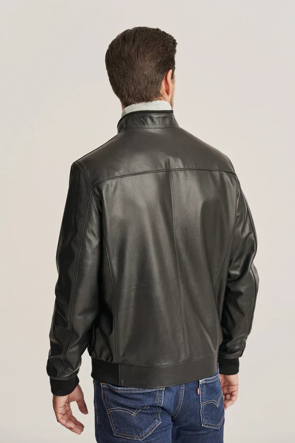 Sowachi Men's Slim Fit Black Leather Bomber Jacket