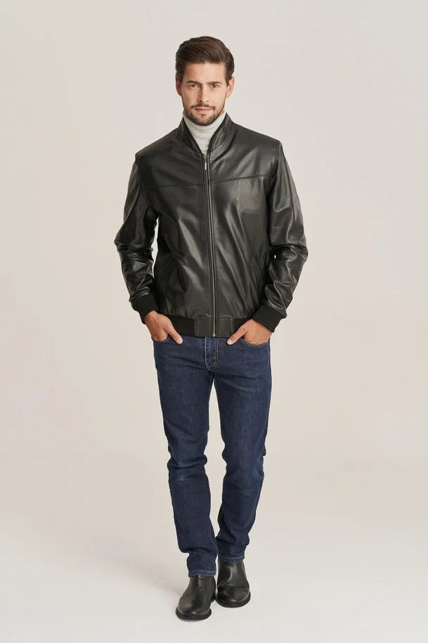 Sowachi Men's Slim Fit Black Leather Bomber Jacket