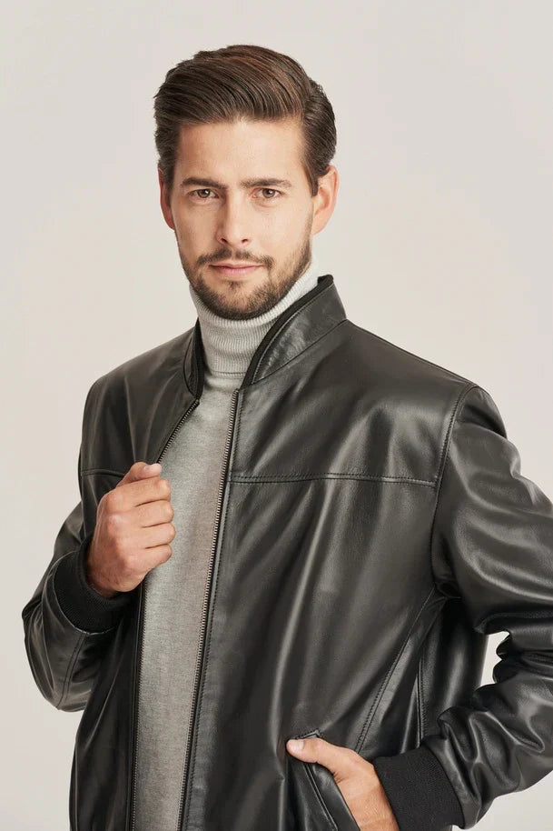 Sowachi Men's Slim Fit Black Leather Bomber Jacket