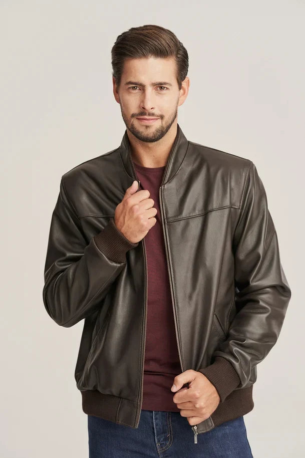 Sowachi Kellan Men’s Brown Slim Fit Sheepskin Leather Bomber Jacket
