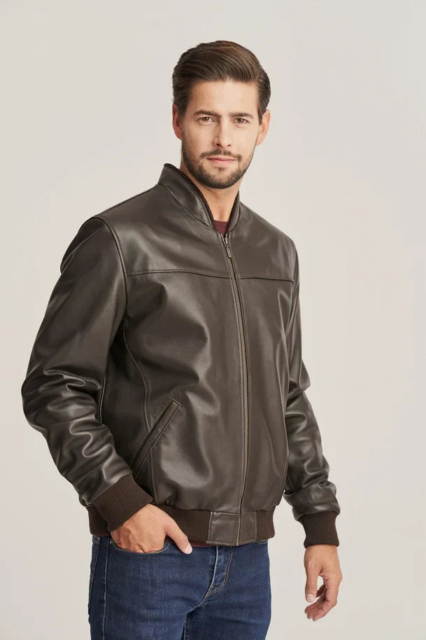Sowachi Kellan Men’s Brown Slim Fit Sheepskin Leather Bomber Jacket