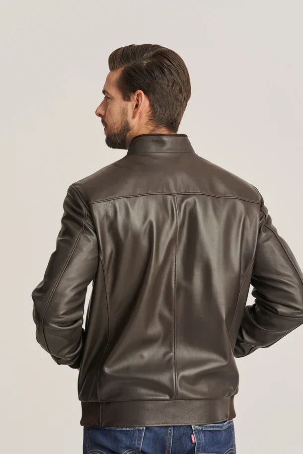 Sowachi Kellan Men’s Brown Slim Fit Sheepskin Leather Bomber Jacket