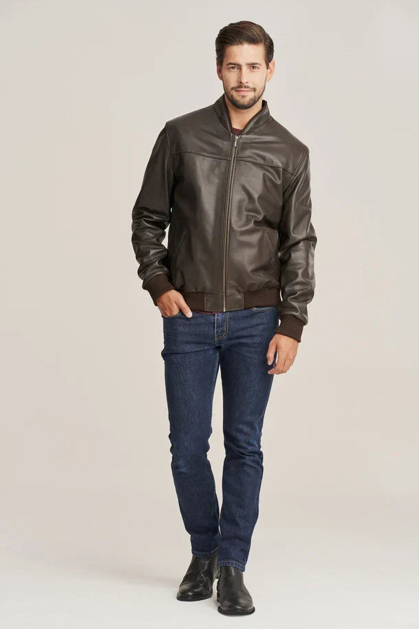 Sowachi Kellan Men’s Brown Slim Fit Sheepskin Leather Bomber Jacket