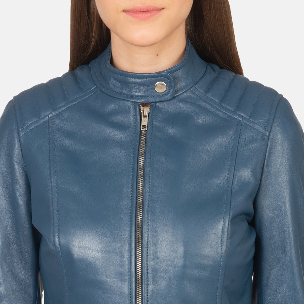 Sowachi Kelsee Blue Leather Biker Jacket