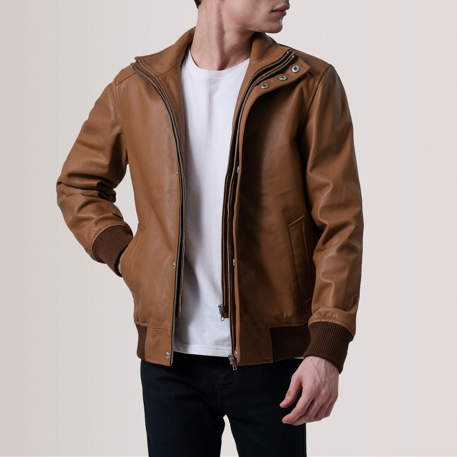 Sowachi Lester Tan Leather Bomber Jacket