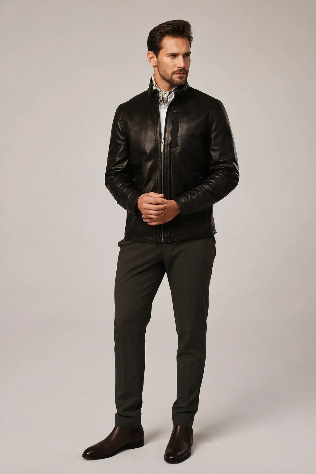 Sowachi Men's Black Sheepskin Cafe Racer Jacket
