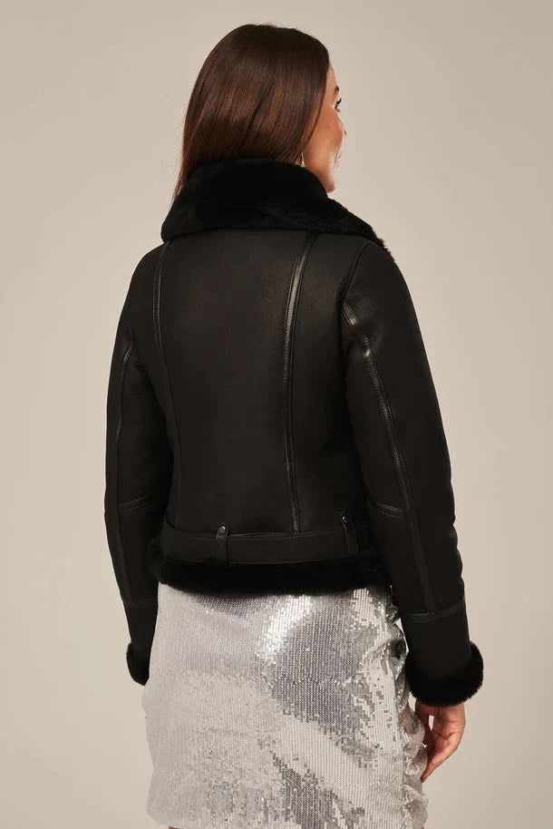 Sowachi Levona - Women's Black Shearling Biker Leather Jacket