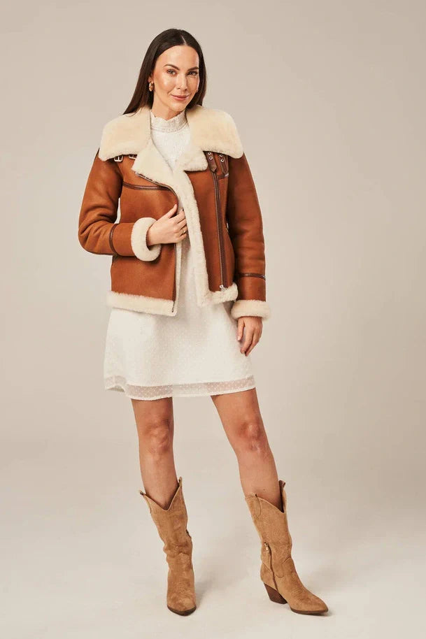 Sowachi Levona - Women's Tan Brown Shearling Biker Leather Jacket