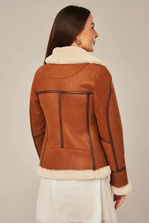 Sowachi Levona - Women's Tan Brown Shearling Biker Leather Jacket