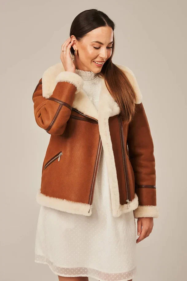 Sowachi Levona - Women's Tan Brown Shearling Biker Leather Jacket