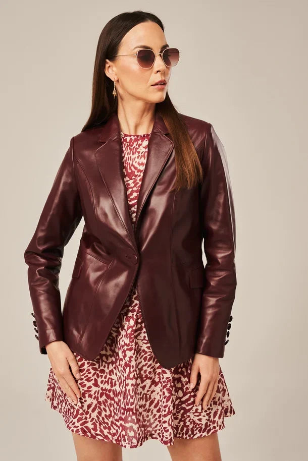 Sowachi Liorra - Women's Burgundy One Button Leather Blazer