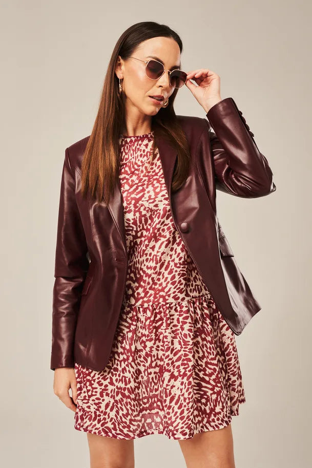 Sowachi Liorra - Women's Burgundy One Button Leather Blazer