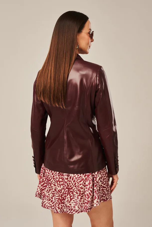 Sowachi Liorra - Women's Burgundy One Button Leather Blazer