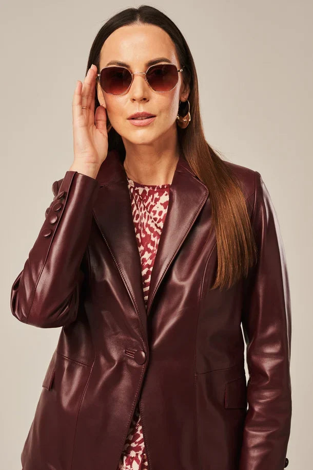 Sowachi Liorra - Women's Burgundy One Button Leather Blazer