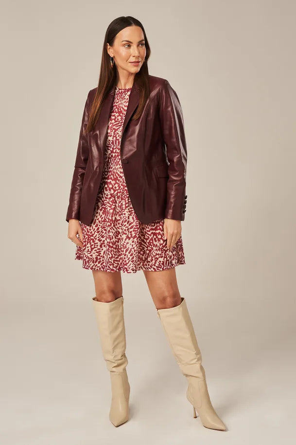 Sowachi Liorra - Women's Burgundy One Button Leather Blazer