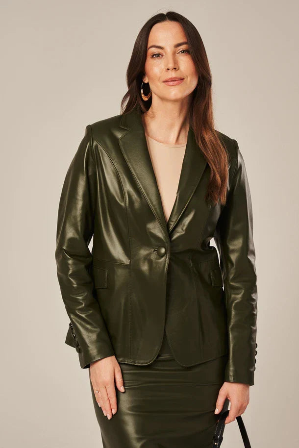 Sowachi Liorra - Women's Olive Green One Button Leather Blazer