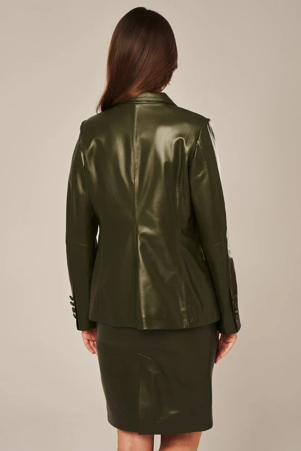Sowachi Liorra - Women's Olive Green One Button Leather Blazer
