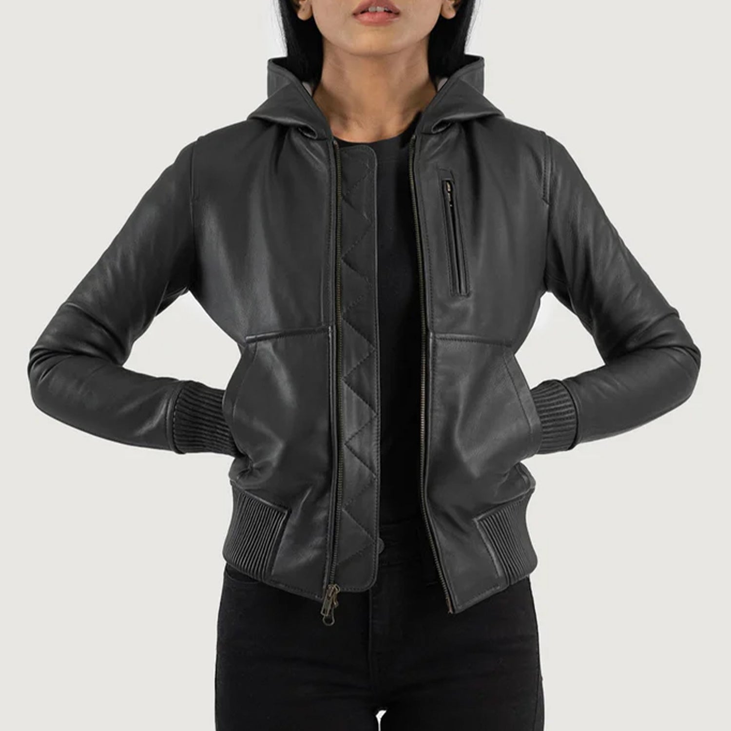 Sowachi Luna Black Hooded Leather Bomber Jacket