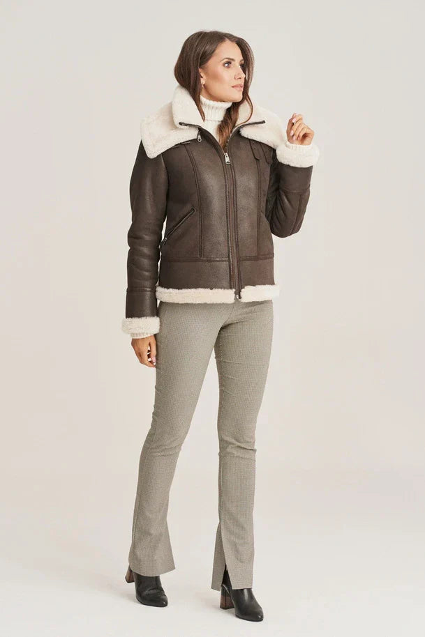 Sowachi Women's Sheepskin Dark Brown Shearling Jacket