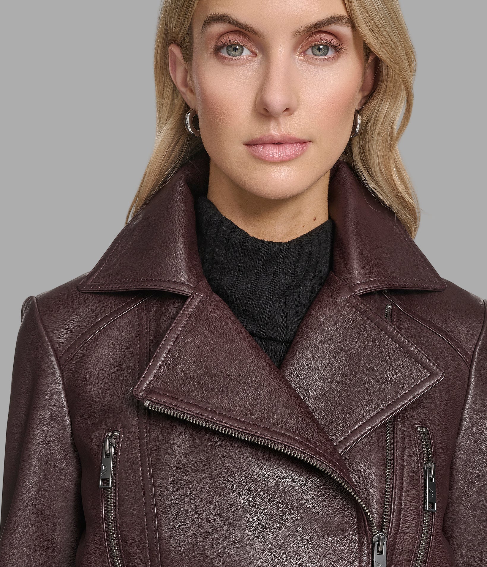 Violet Leather Belted Moto Jacket
