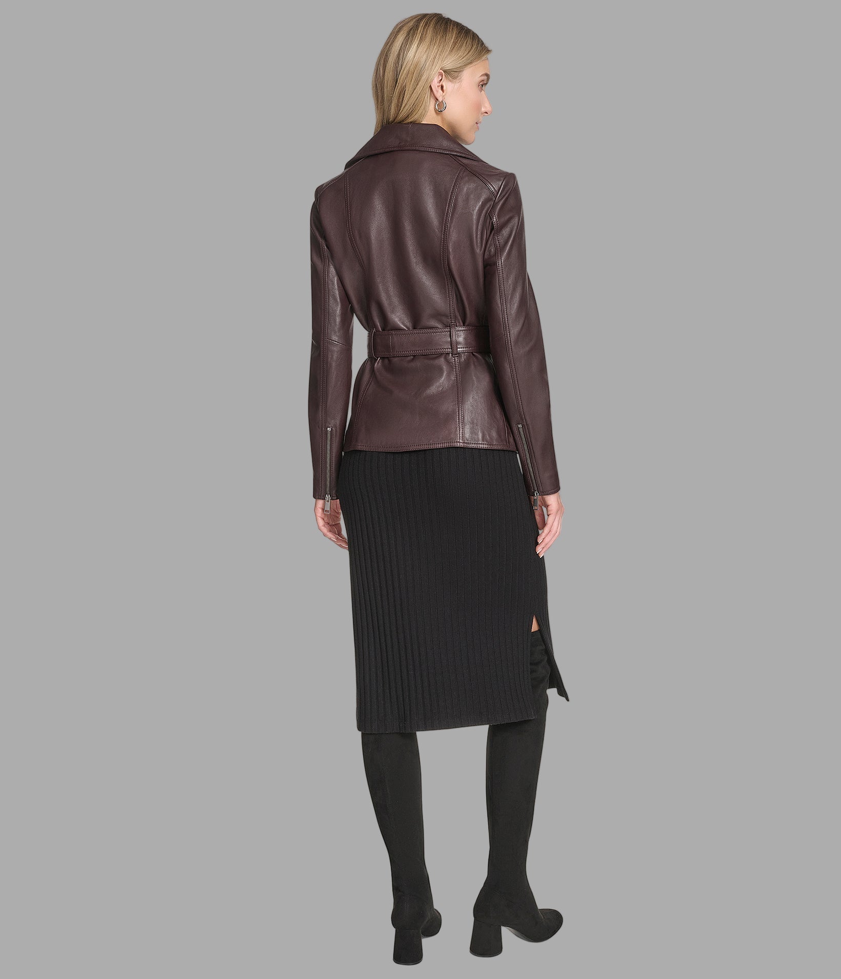 Violet Leather Belted Moto Jacket