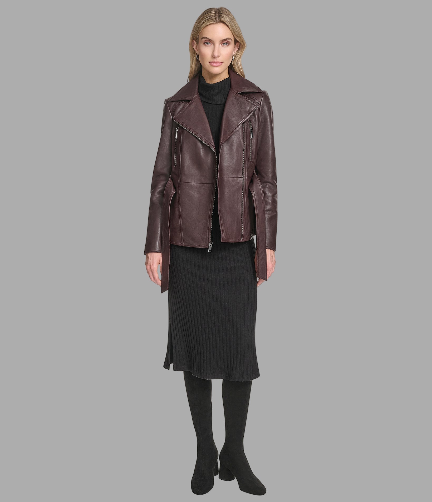 Violet Leather Belted Moto Jacket
