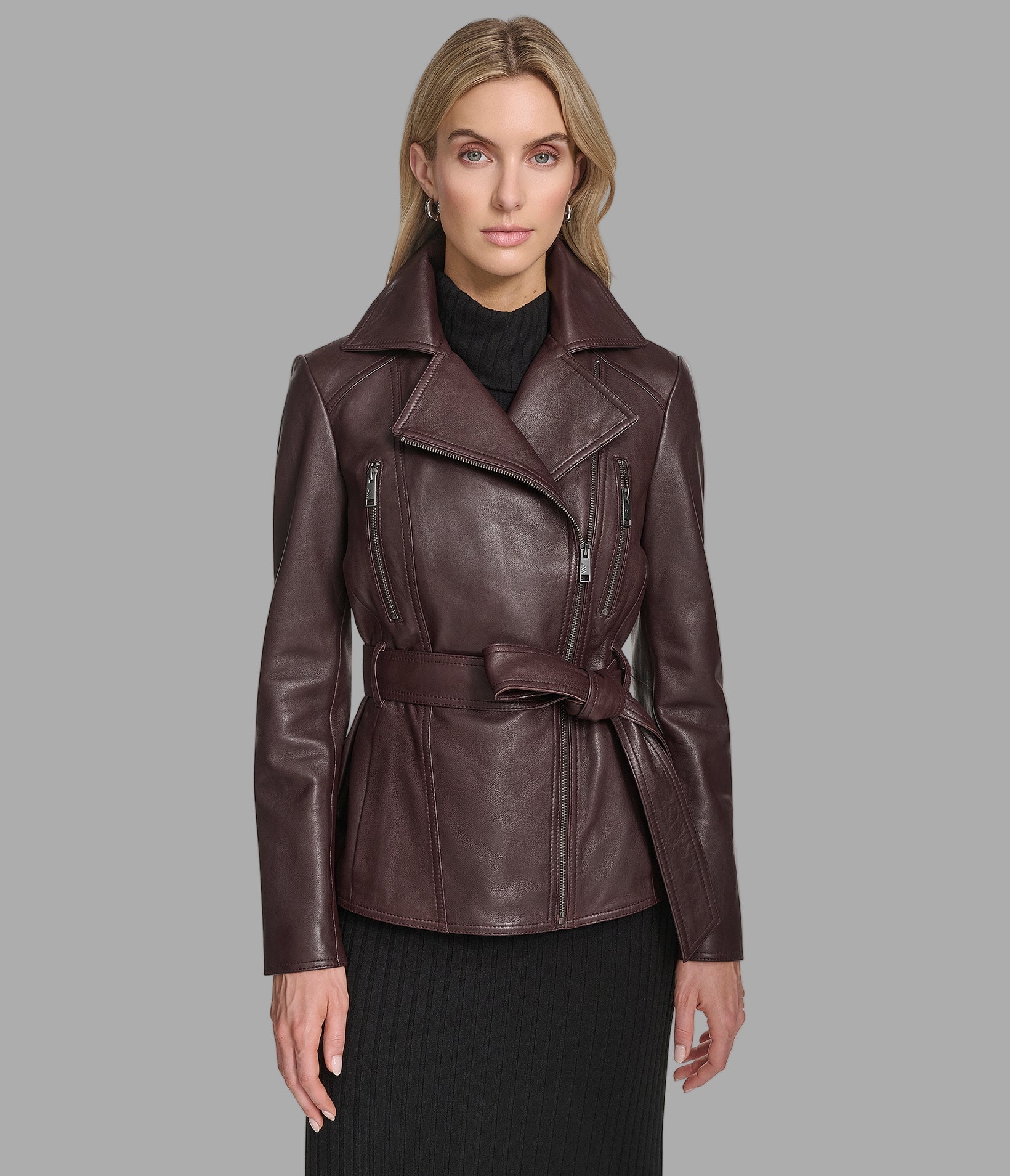Violet Leather Belted Moto Jacket