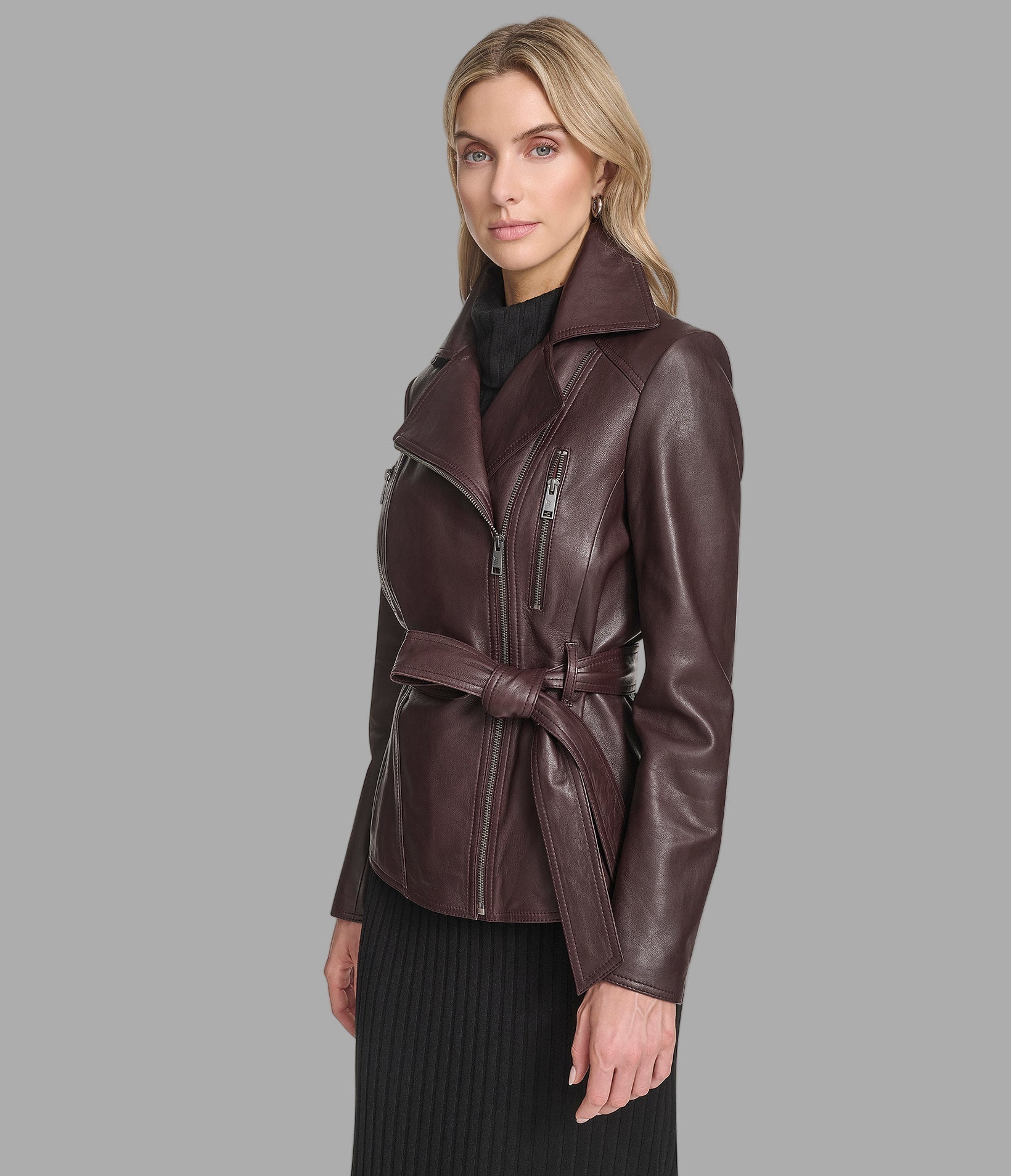 Violet Leather Belted Moto Jacket