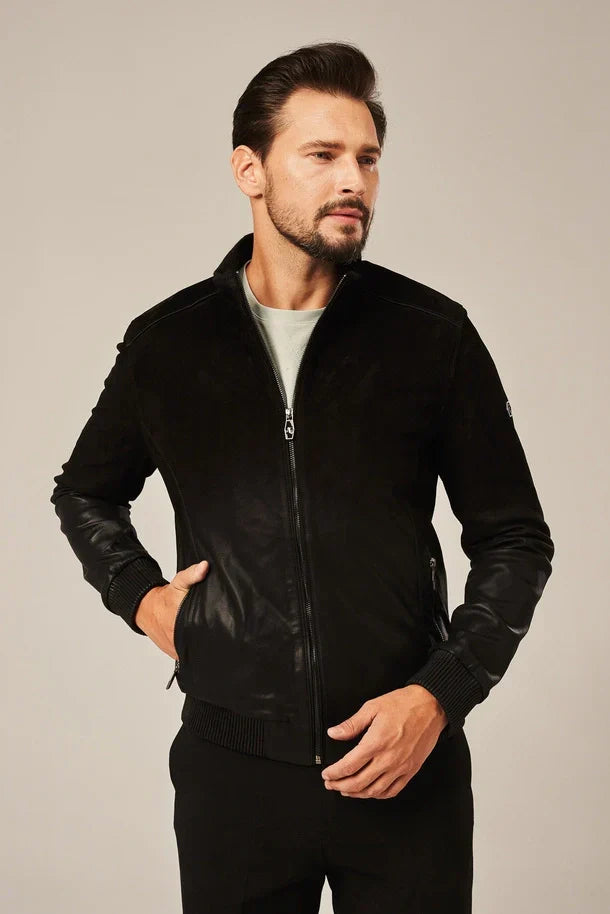 Sowachi Men's Black Rub Off Leather Bomber Jacket
