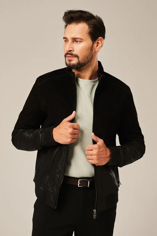 Sowachi Men's Black Rub Off Leather Bomber Jacket