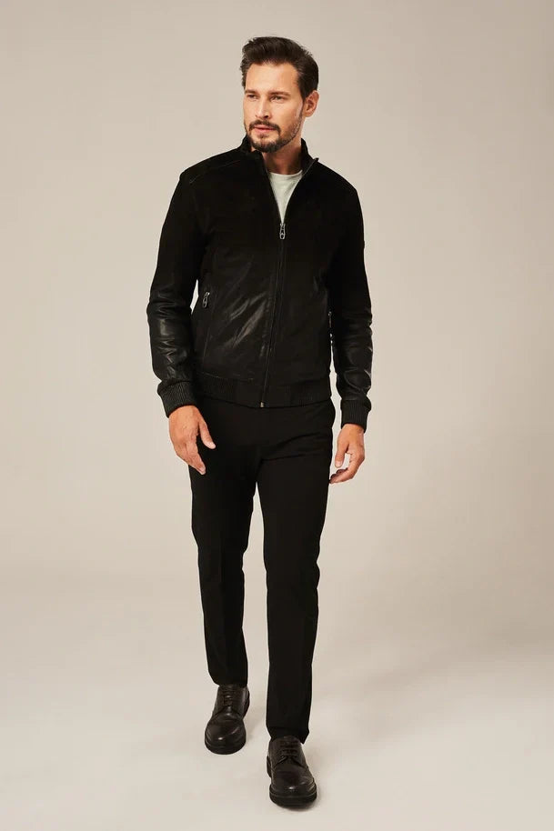 Sowachi Men's Black Rub Off Leather Bomber Jacket
