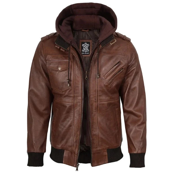 Sowachi Tavren - Men Brown Bomber Leather Jacket With Removable Hood