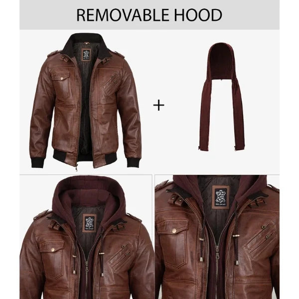 Sowachi Tavren - Men Brown Bomber Leather Jacket With Removable Hood