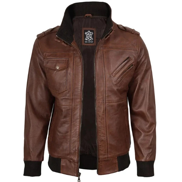 Sowachi Tavren - Men Brown Bomber Leather Jacket With Removable Hood