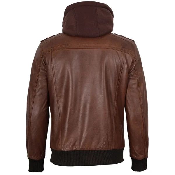 Sowachi Tavren - Men Brown Bomber Leather Jacket With Removable Hood