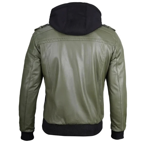 Sowachi Teldric - Men Green Leather Bomber Jacket with Removable Hood