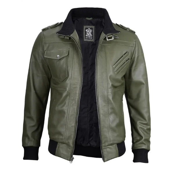 Sowachi Teldric - Men Green Leather Bomber Jacket with Removable Hood