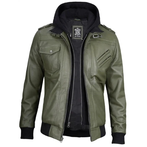 Sowachi Teldric - Men Green Leather Bomber Jacket with Removable Hood