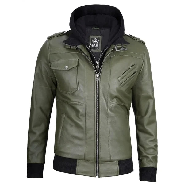 Sowachi Teldric - Men Green Leather Bomber Jacket with Removable Hood