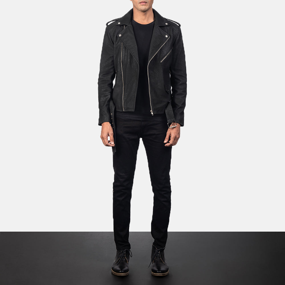 Sowachi Allaric Alley Distressed Black Leather Biker Jacket