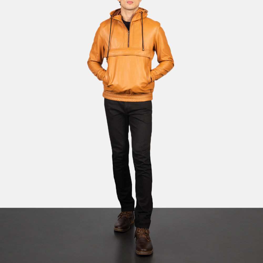Sowachi Kenton Hooded Brown Leather Pullover Jacket