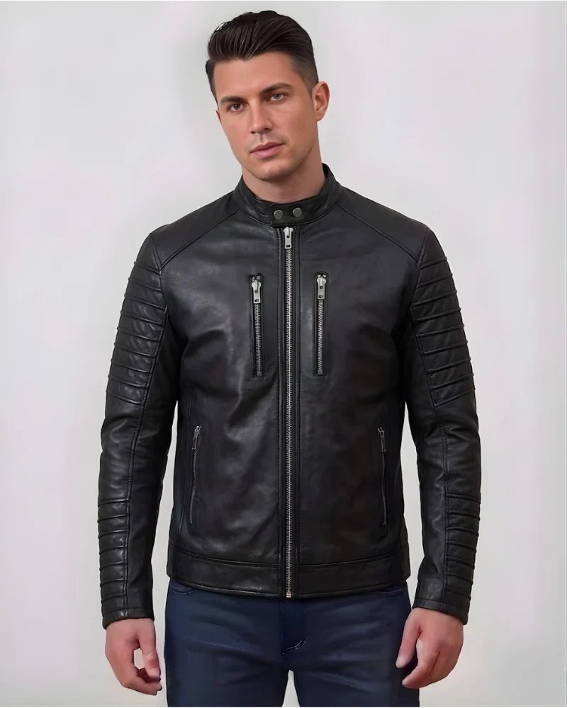 Sowachi Javion - Men Black Motorcycle Sheepskin Leather Jacket