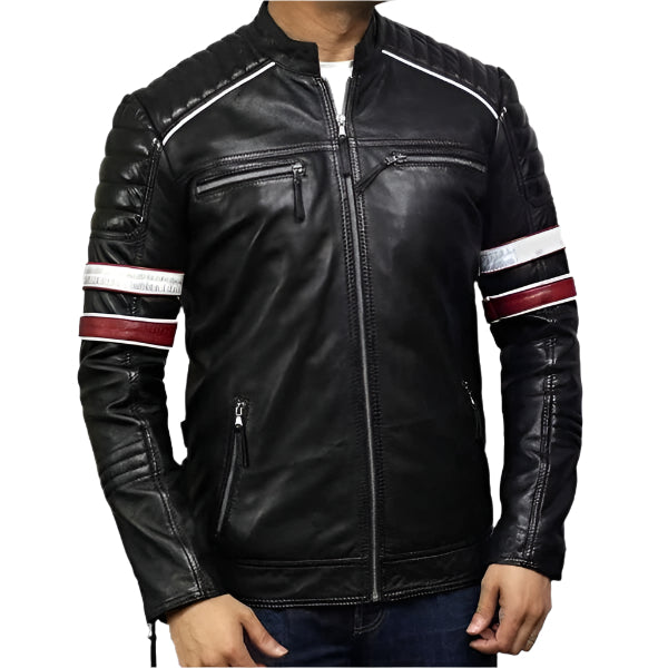 Sowachi Peter - Men Black Padded Cafe Racer Leather Jacket With Stripes