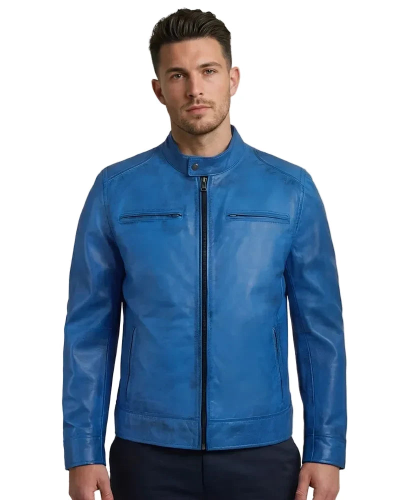 Sowachi Jake - Men Blue Cafe Racer Leather Jacket