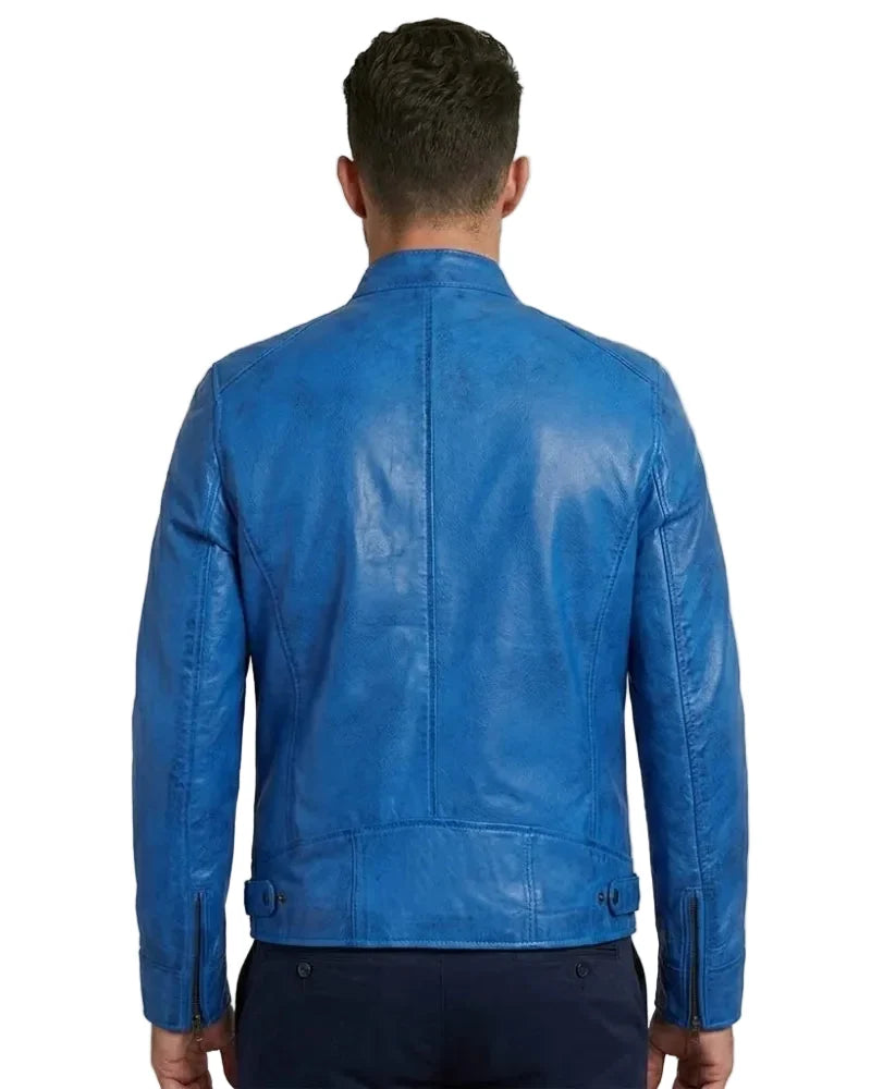 Sowachi Jake - Men Blue Cafe Racer Leather Jacket