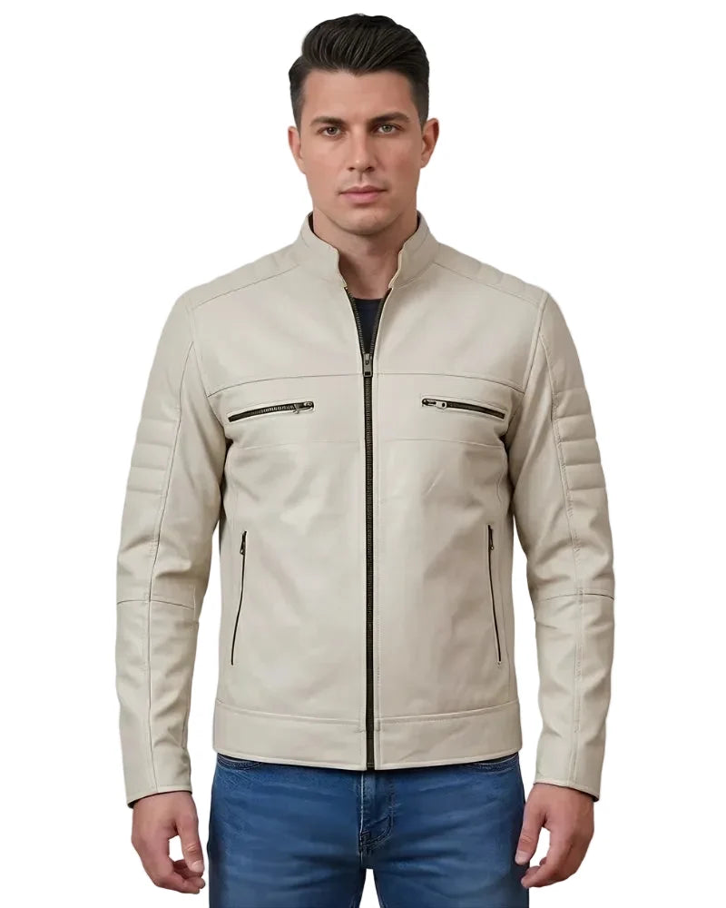 Sowachi Neno - Men Cafe Racer Beige Leather Jacket