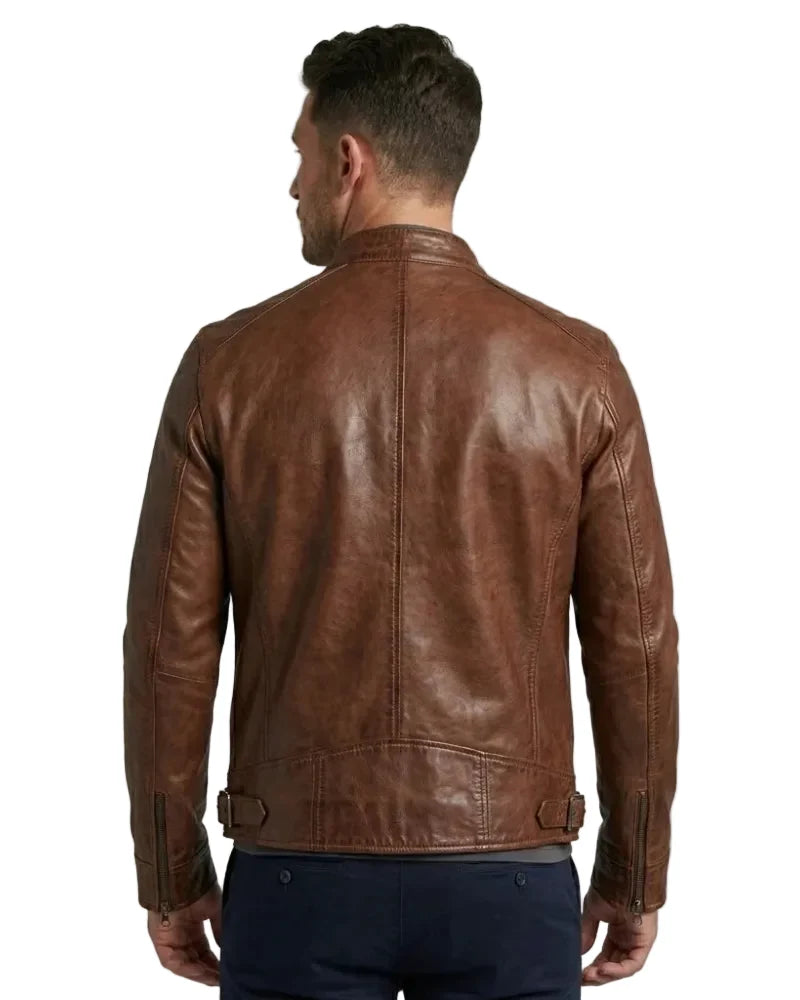 Sowachi Tyson - Men Cognac Cafe Racer Leather Jacket